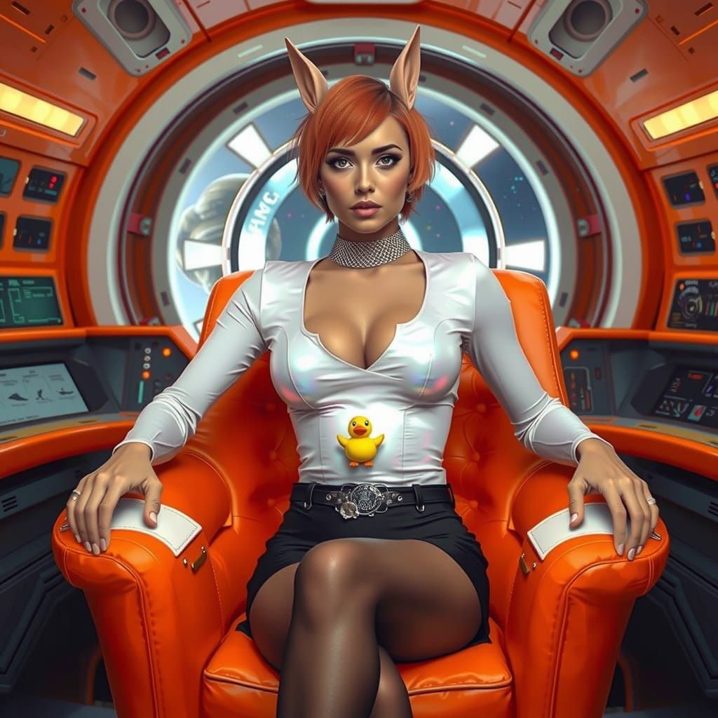 Confident Starship Captain in Retro Spaceship Control Room