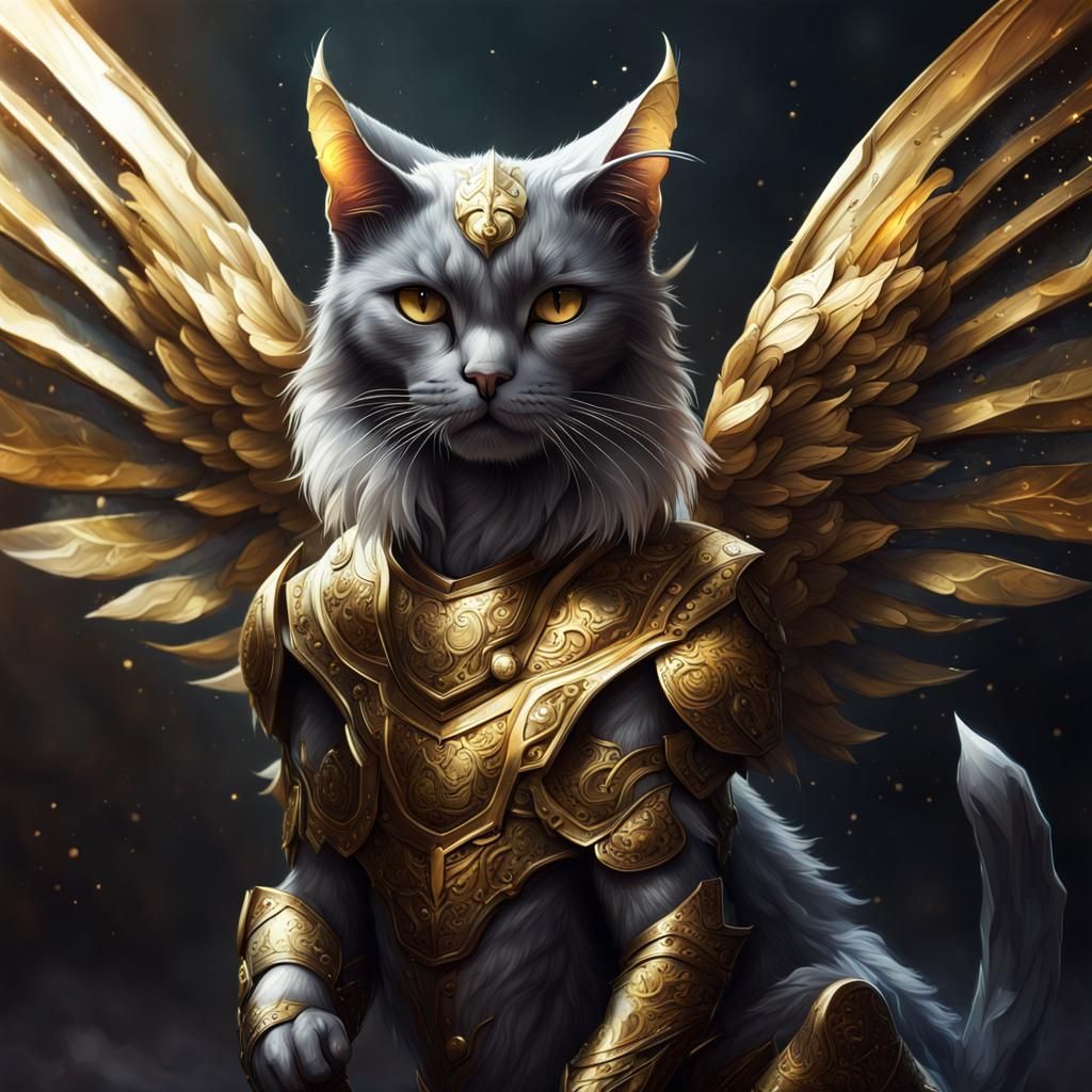Armored Cat with Wings: Hyperrealistic Concept Art