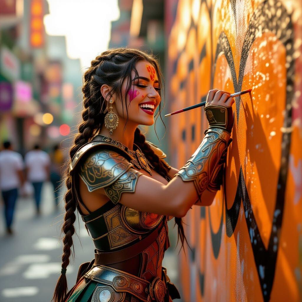 Warrior Woman Painting City Wall in Hyperrealistic Style