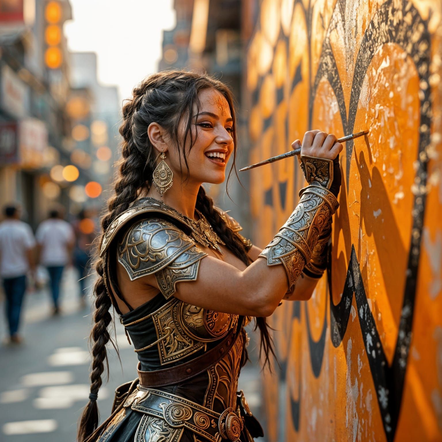 Hyperrealistic Warrior Woman Painting Wall Orange