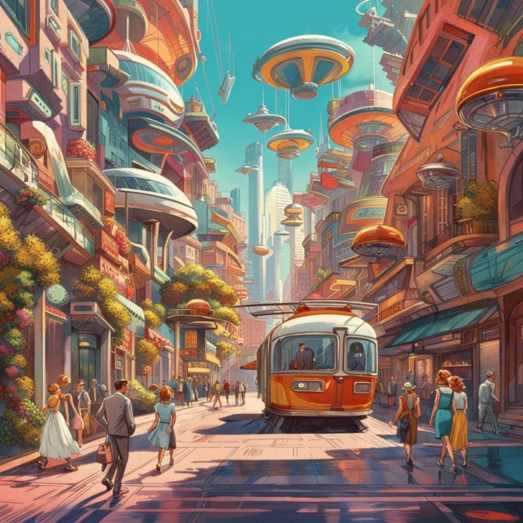 Vibrant Futuristic City with 1950s Flair