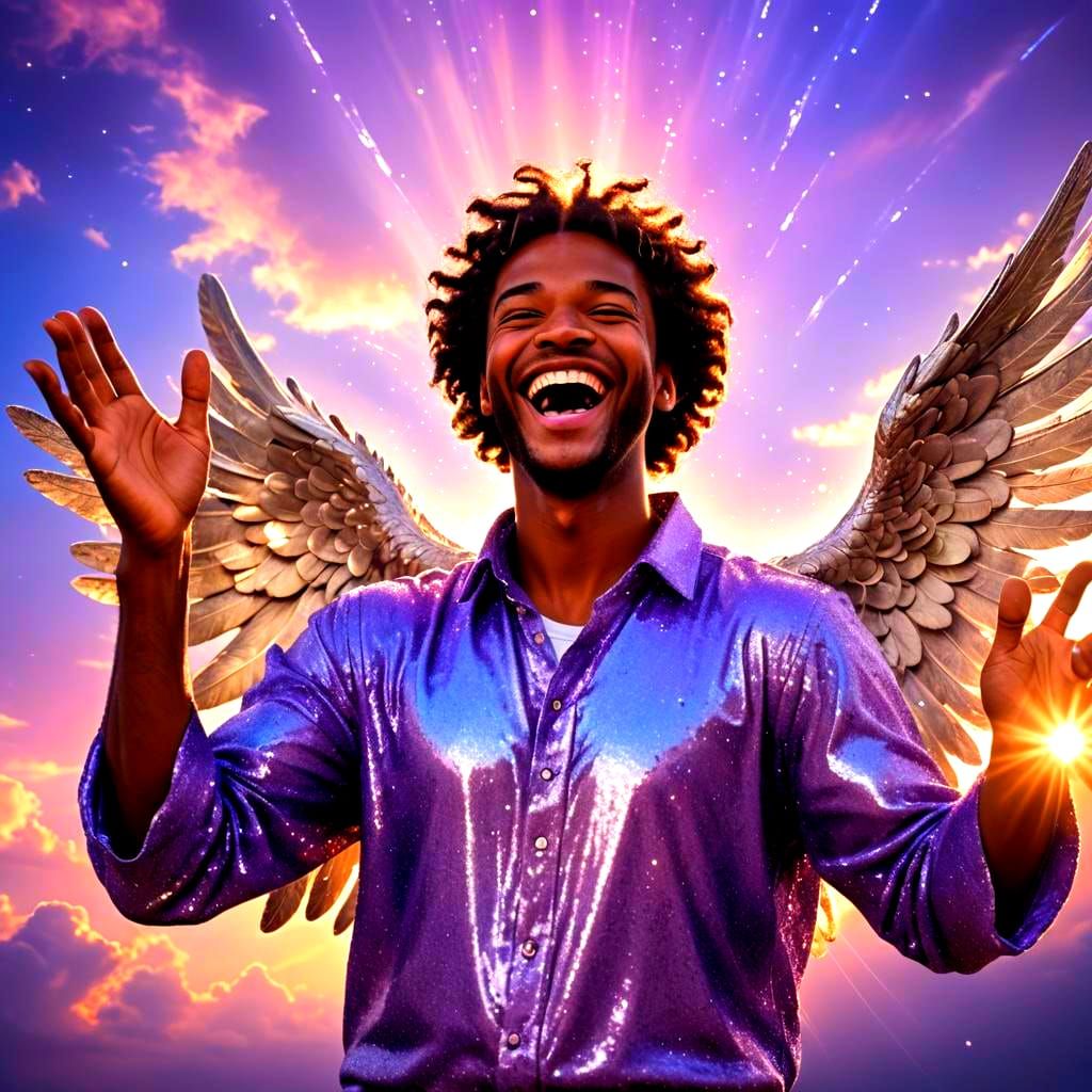 Laughing Angel in Sunset with Sparkles