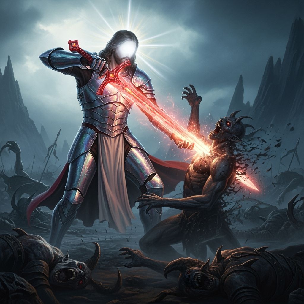 Warrior Jesus in Iridescent Armor Battles Demon with Celesti...