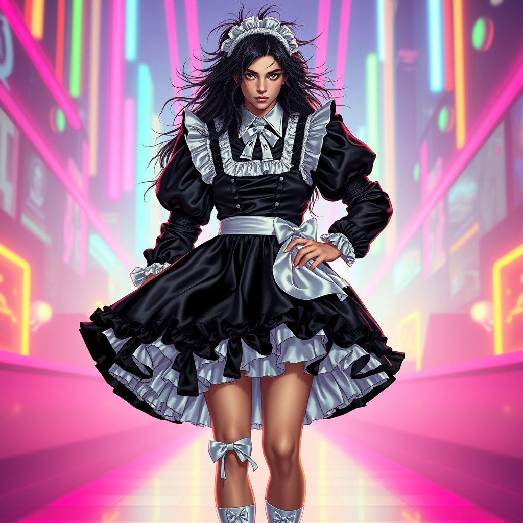 Maid Boy in Retro-Futuristic Satin Attire