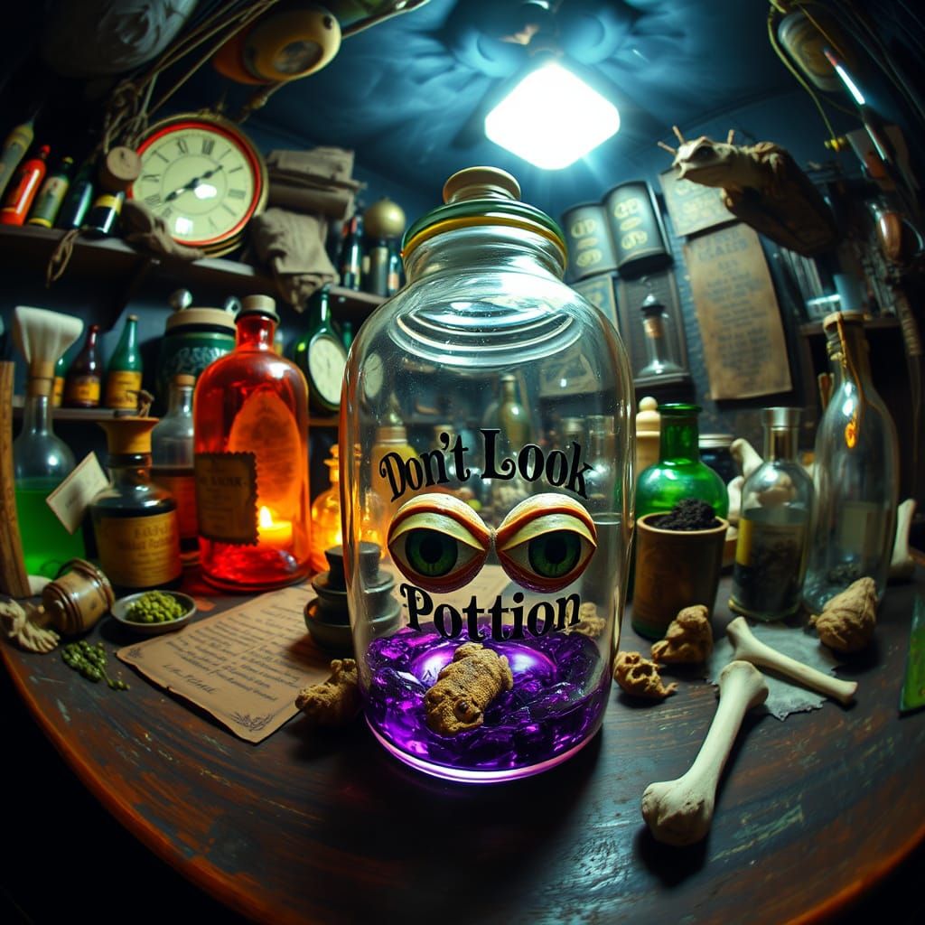 Mysterious Potion Worktable with Floating Eyes