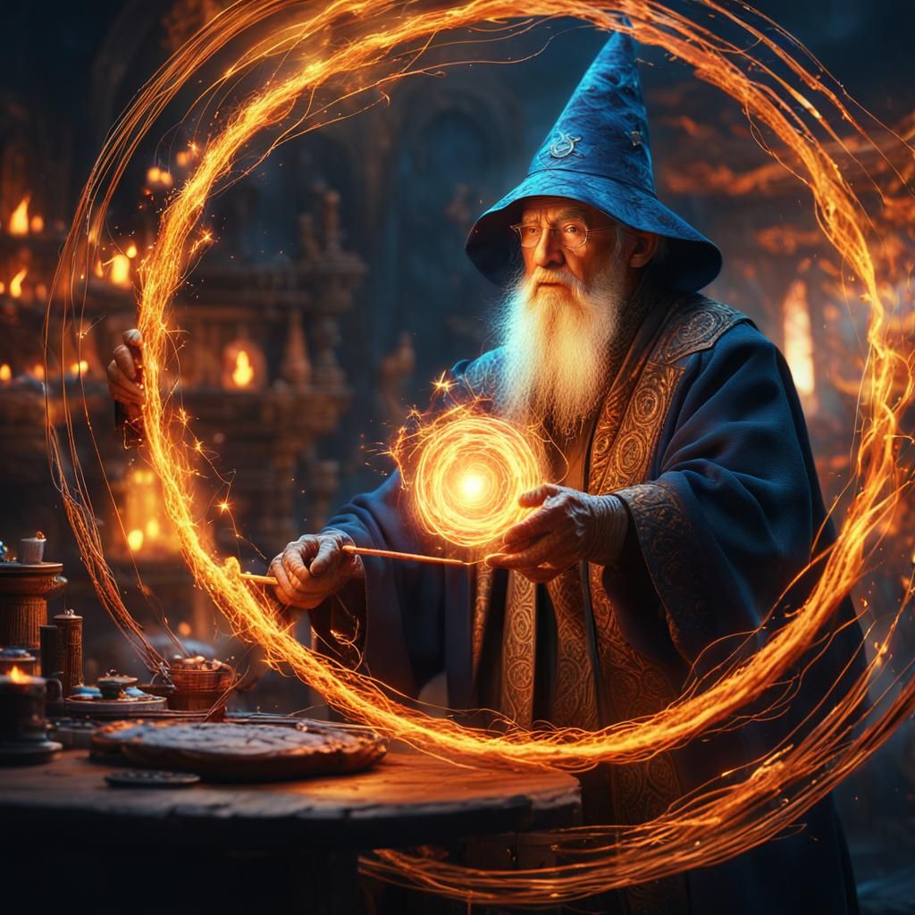 Epic Wizard Crafting Magical Seal in Golden Hour Glow