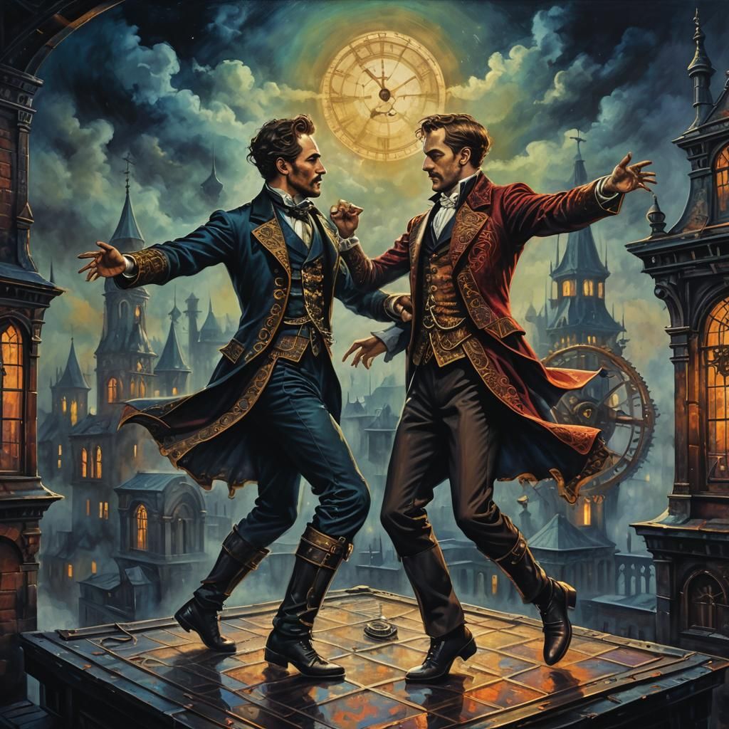 Steampunk Tango Dancers on Rooftop, Renaissance Painting