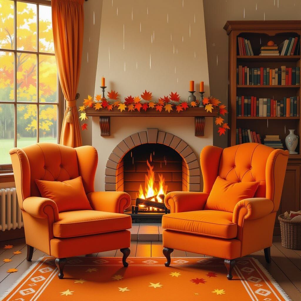Vintage Armchairs by Fireplace in Animated Style