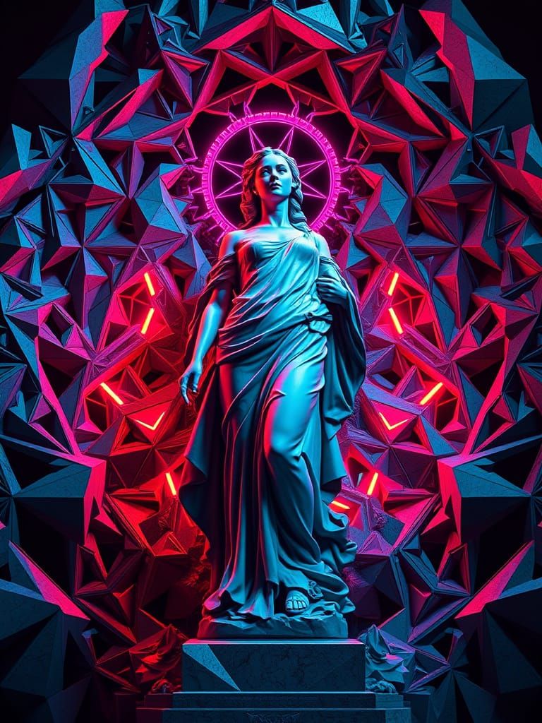 Futuristic Neon Woman Statue in Geometric Landscape