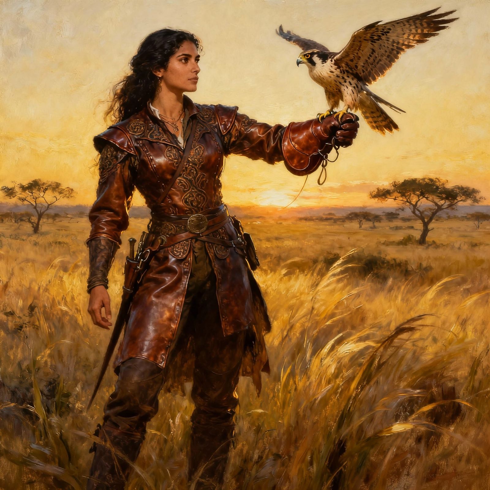 Huntress with Falcon at Sunrise in Romantic Oil Painting Sty...
