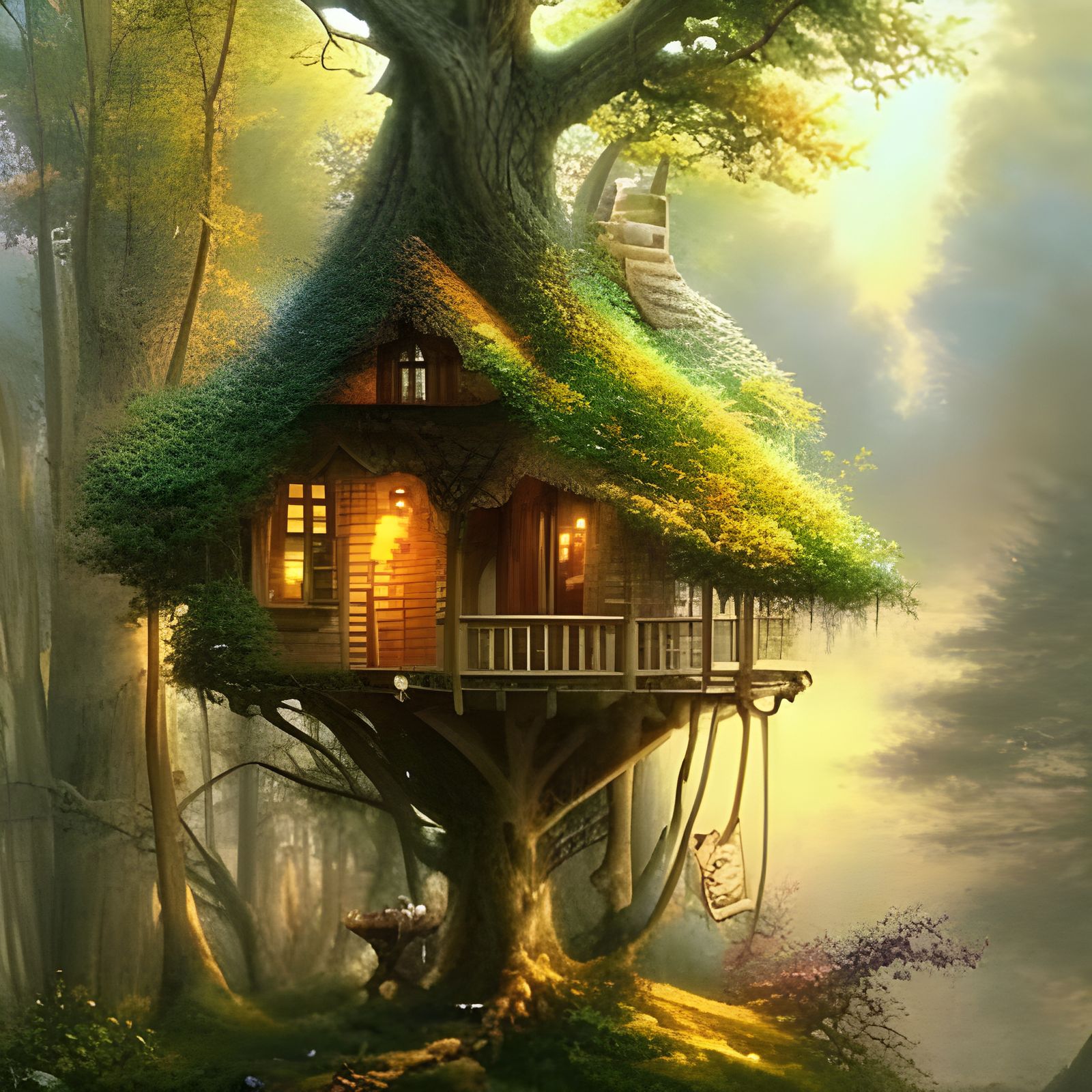Whimsical Treehouse Portrait in Ethereal Fantasy Style
