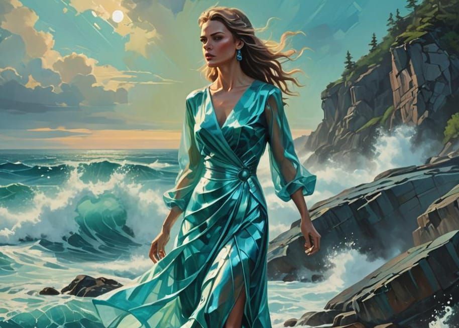 Elegant Woman in Neon Dress, Holographic Illustration