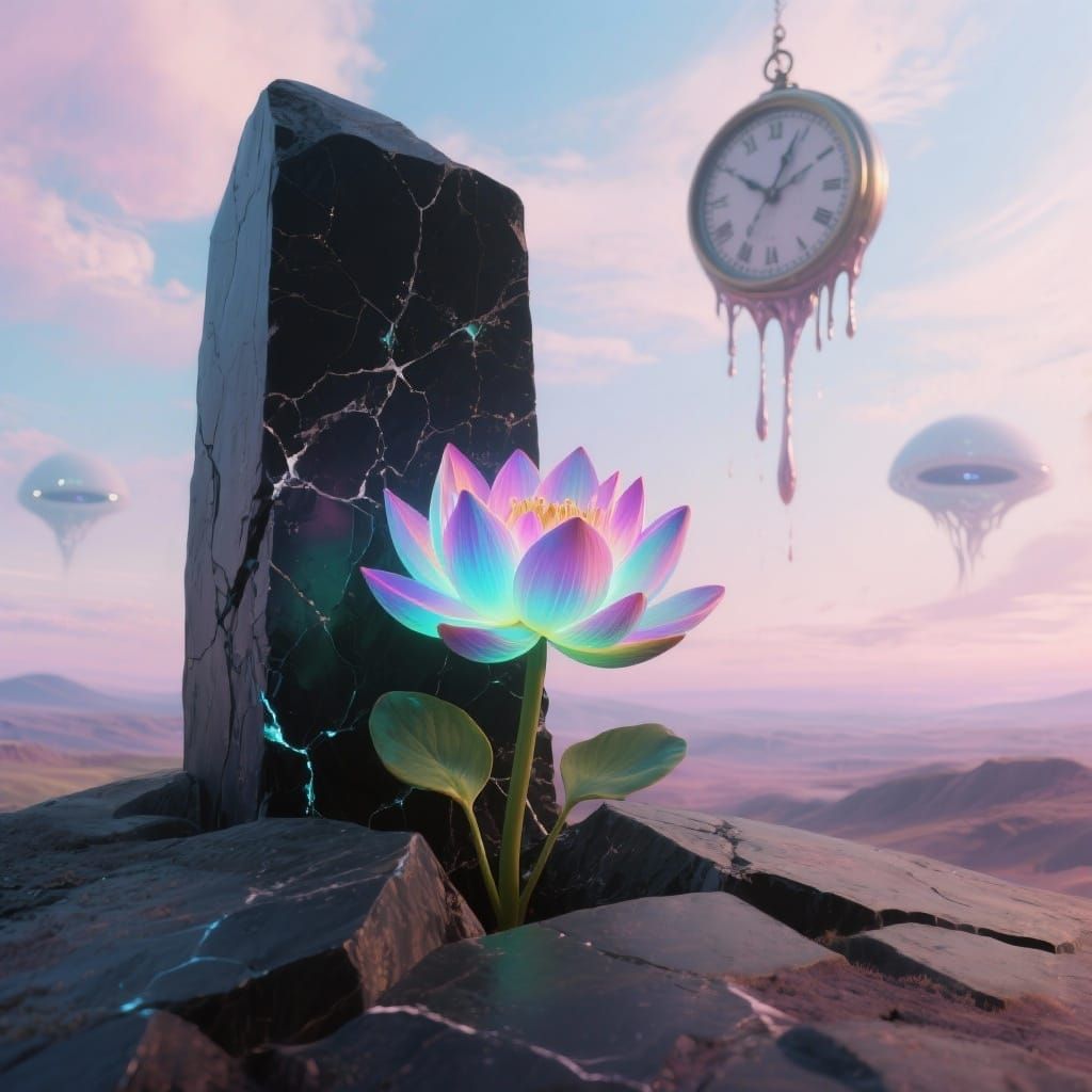 Bioluminescent Lotus Grows from Alien Monolith, Surreal Drea...