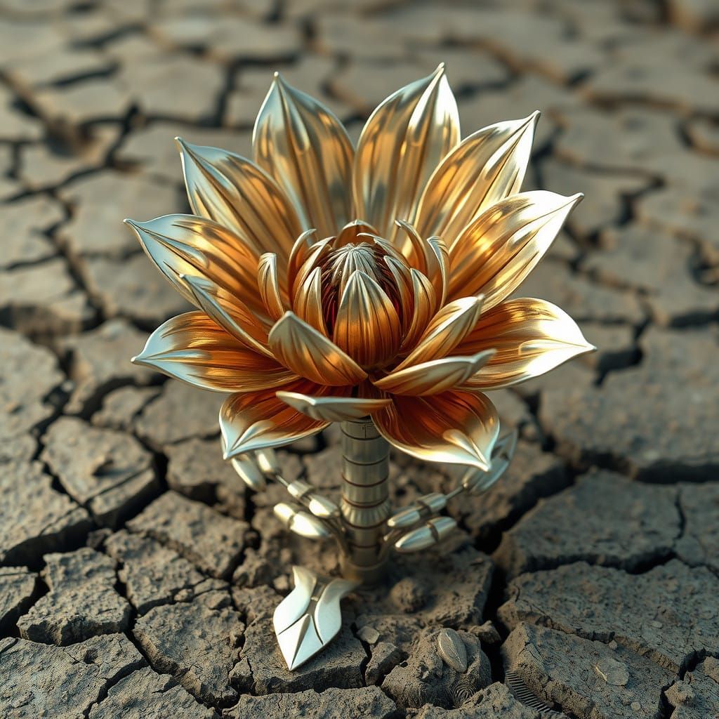 Mechanical Flower Blooms in Arid Wasteland Landscape