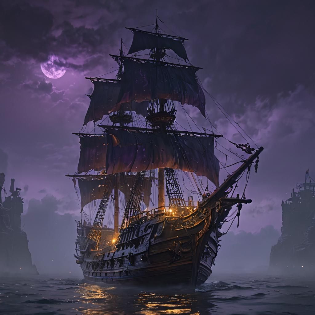 Ghost Pirate Ship on Foggy Night