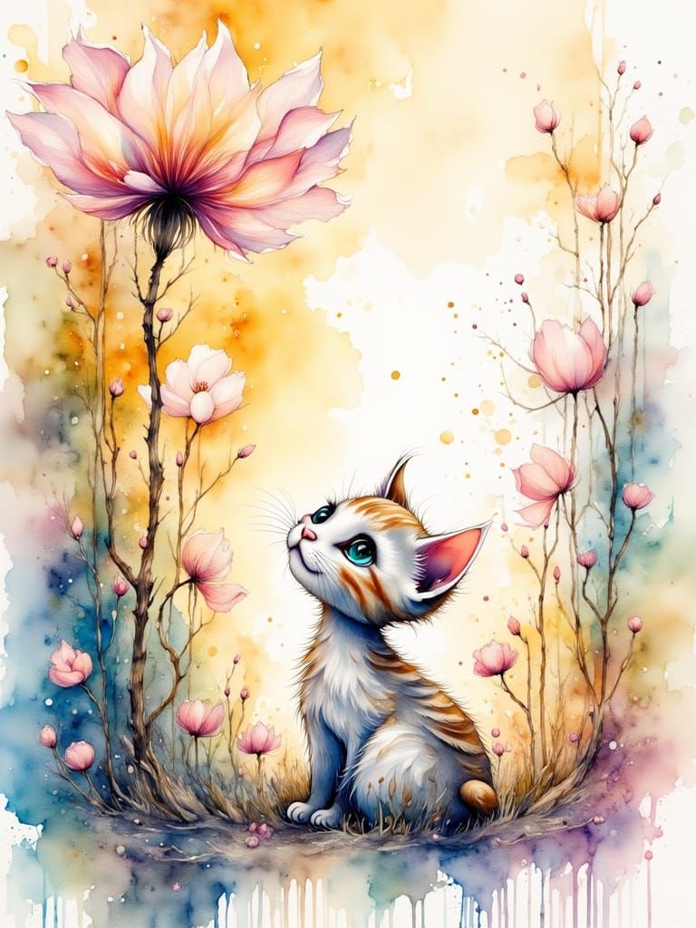 Adorable Cat Under Luminous Flower in Watercolor Style