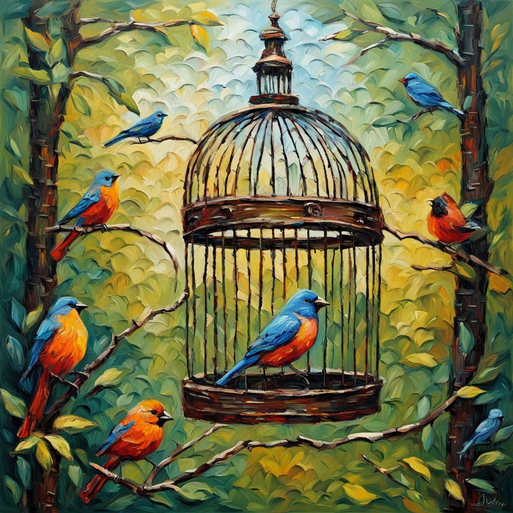 Abandoned Birdcage in Wilderness Neo-Impressionist Oil Paint...