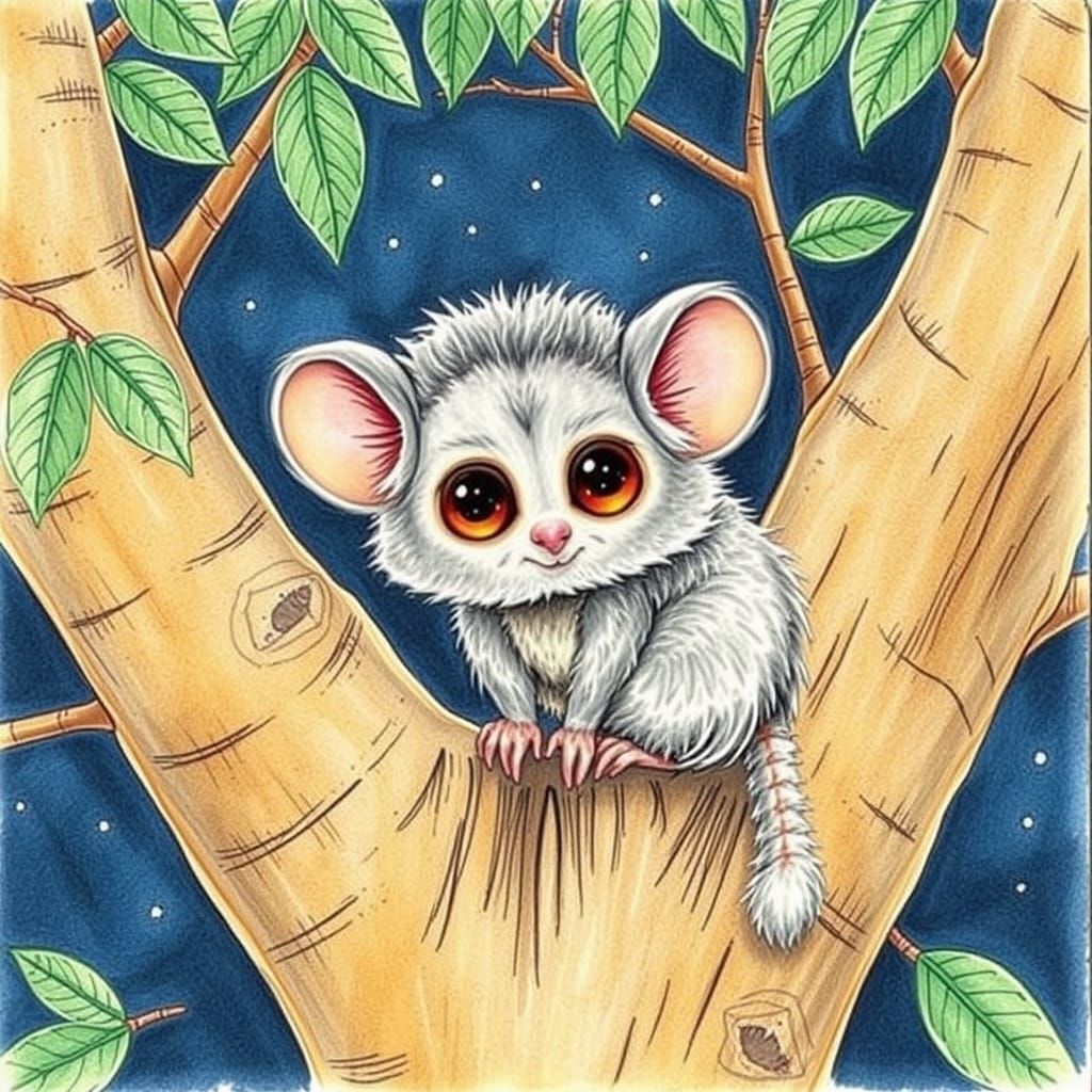 Whimsical Chibi Galago in Moonlit Tree