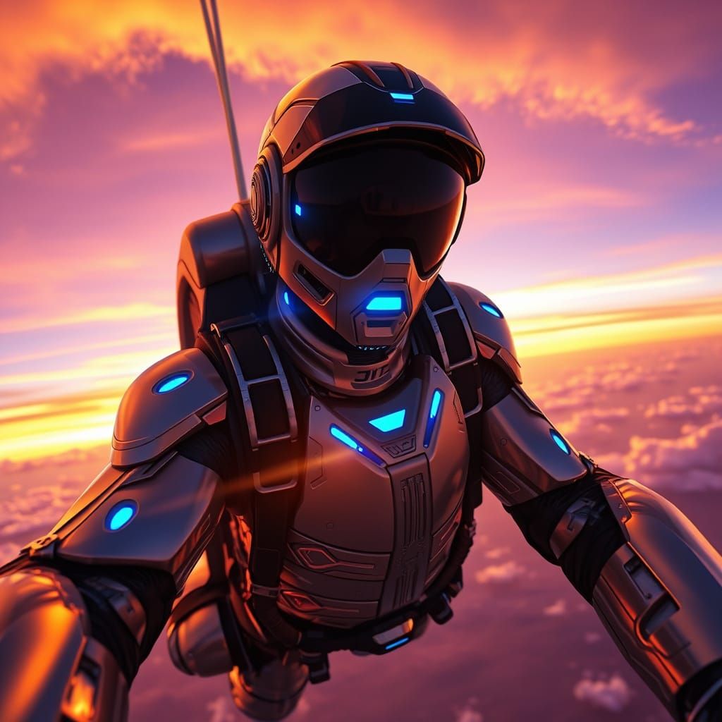 Futuristic Cyborg Skydiving with Digital Avatar