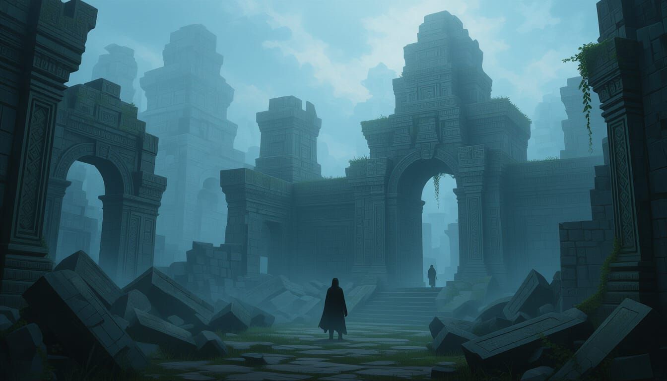 Eerie Ruins with Contemplative Figure in Mist