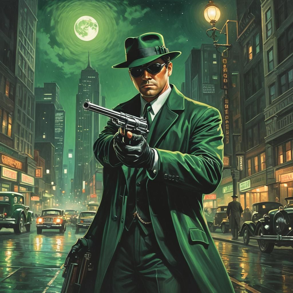 Green Hornet Pulp Hero in Jade Chicago Night
