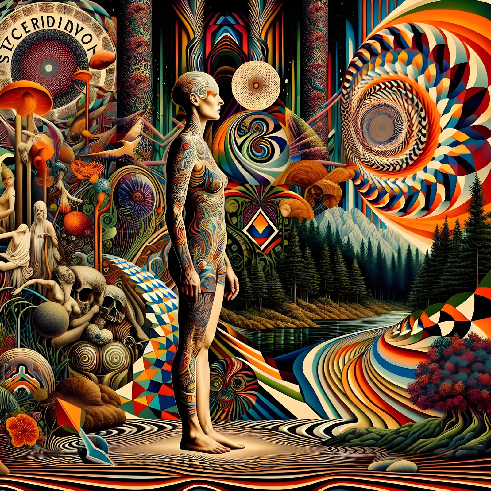 Surreal Tattooed Woman in Psychedelic Landscape