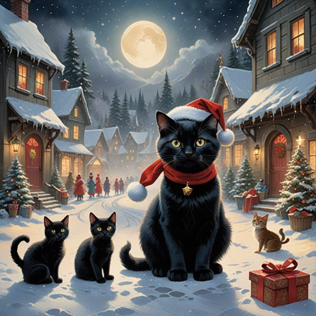 Whimsical Feline Santa in a Winter Wonderland Scene