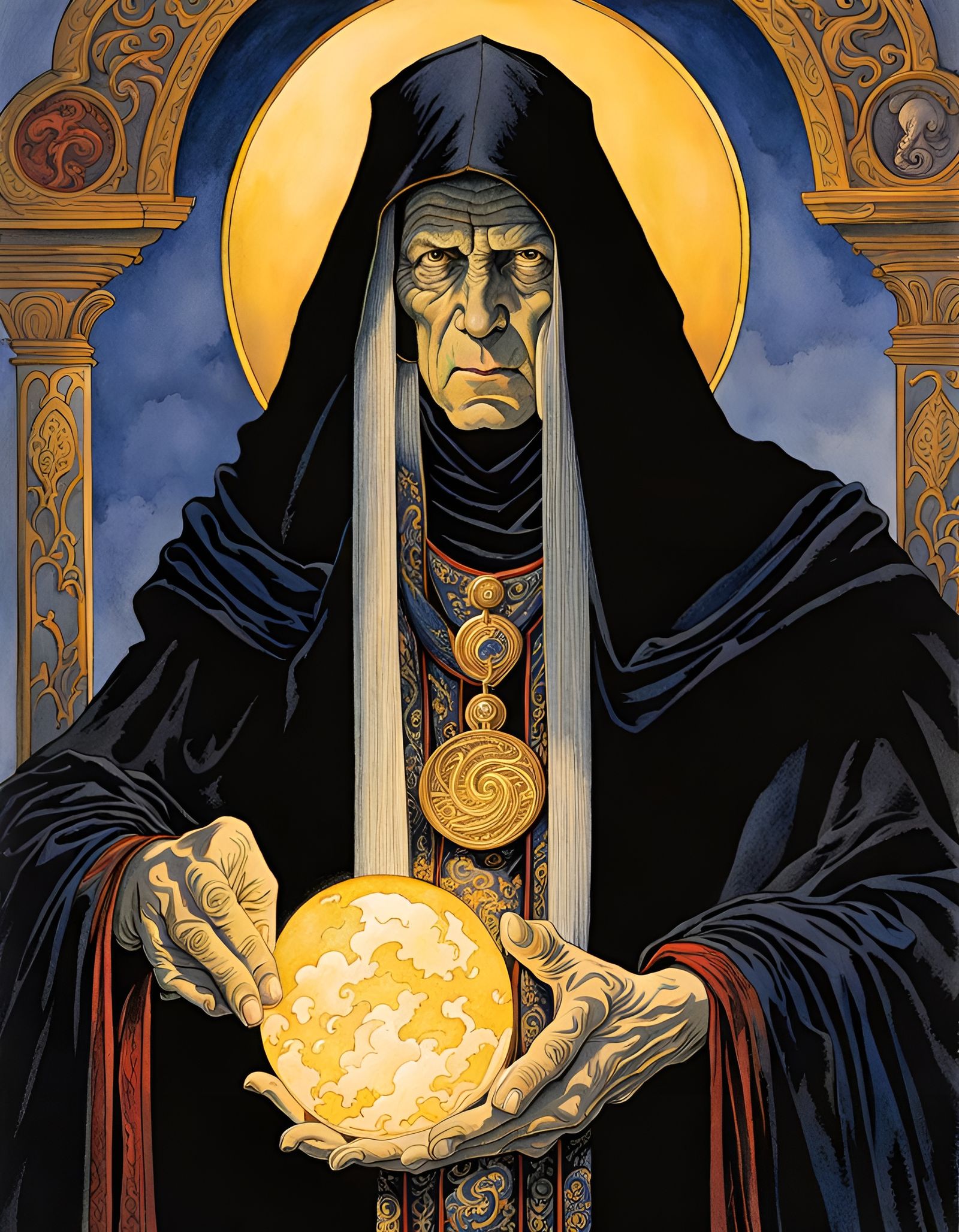 Dark Sorcerer Portrait in Watercolor and Ink