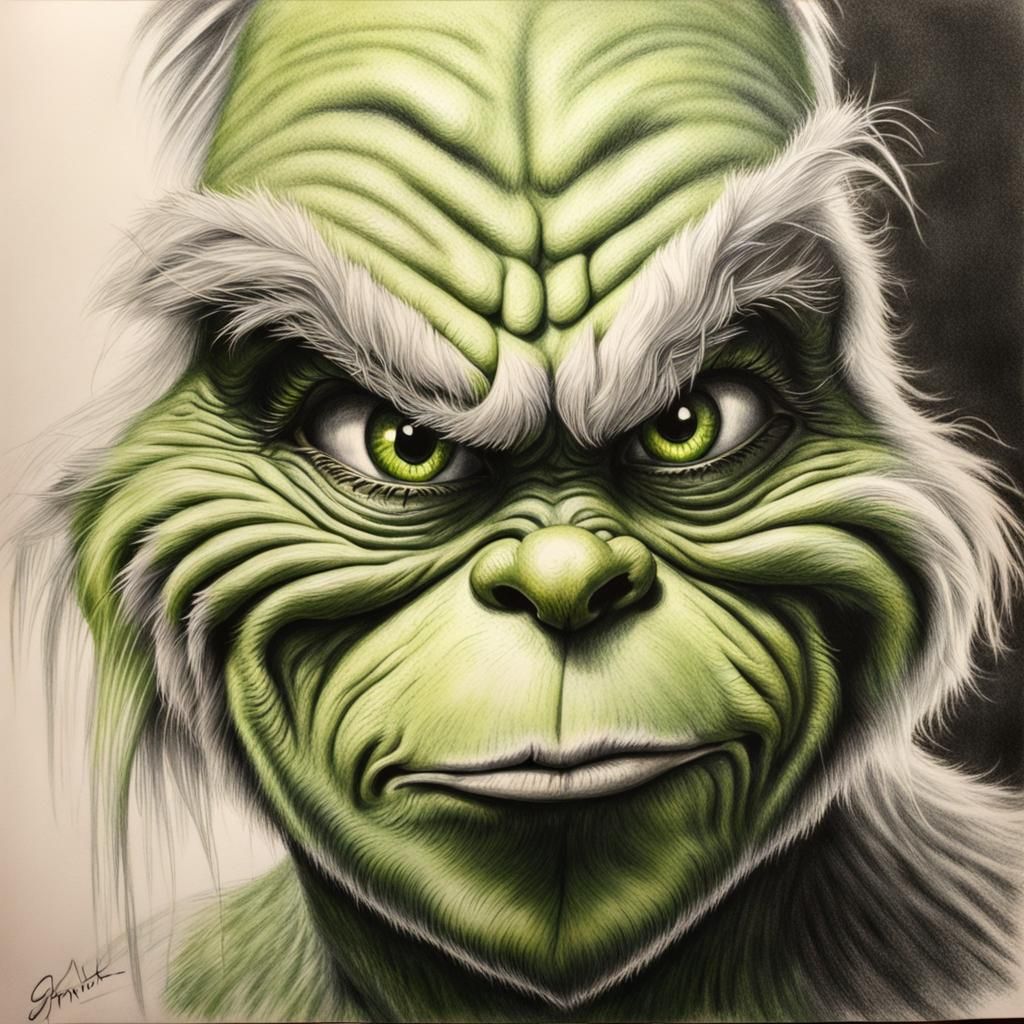 Hyperdetailed Charcoal Drawing of The Grinch