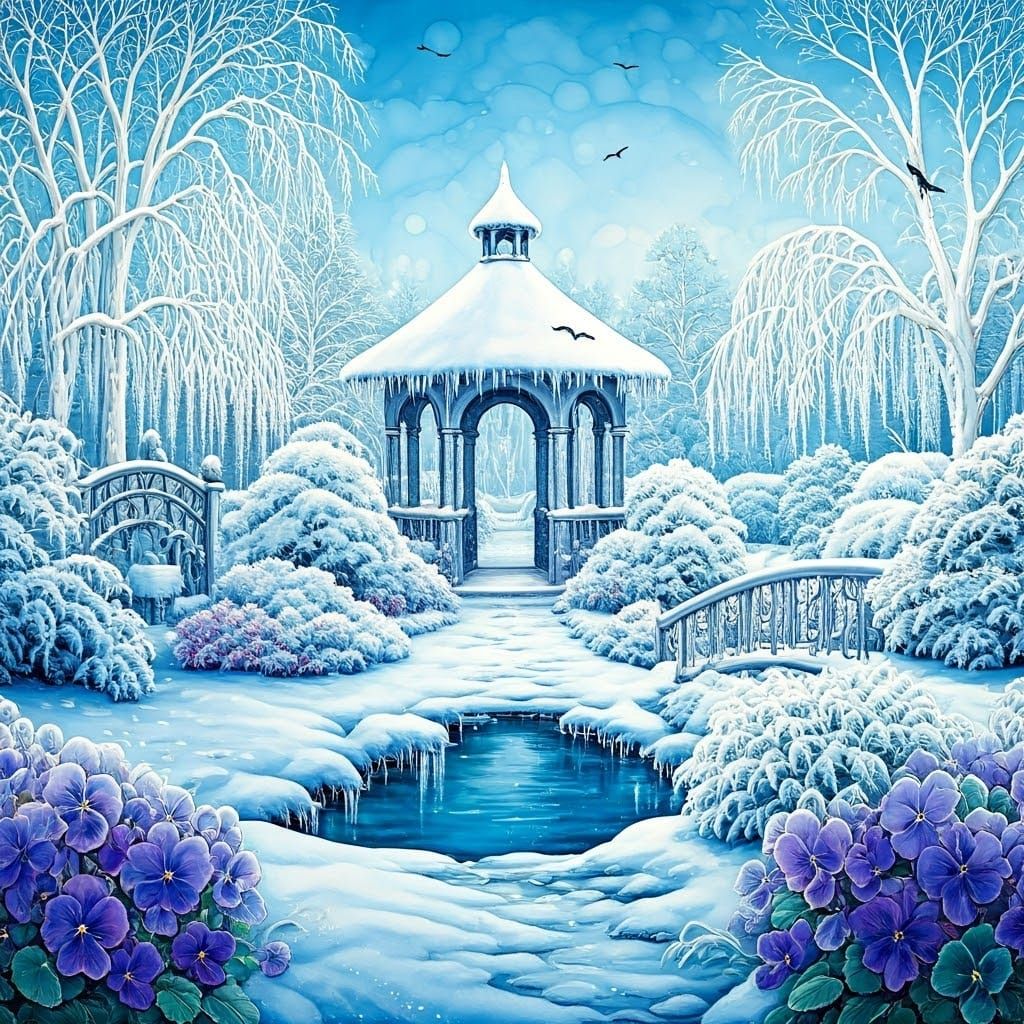 Winter Garden Scene in Ethereal Watercolor Style