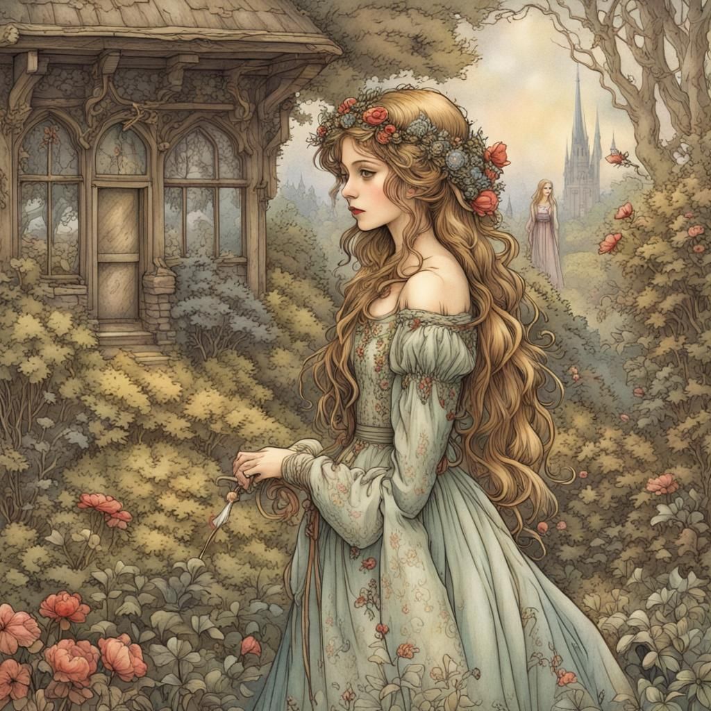 Medieval Maiden in Fairytale Garden, Rackham Style