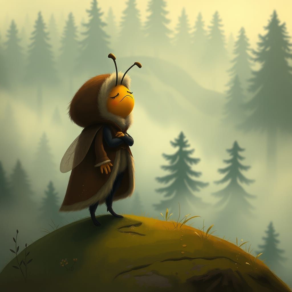 Bumblebee in Fur Cloak Surveys Misty Forest