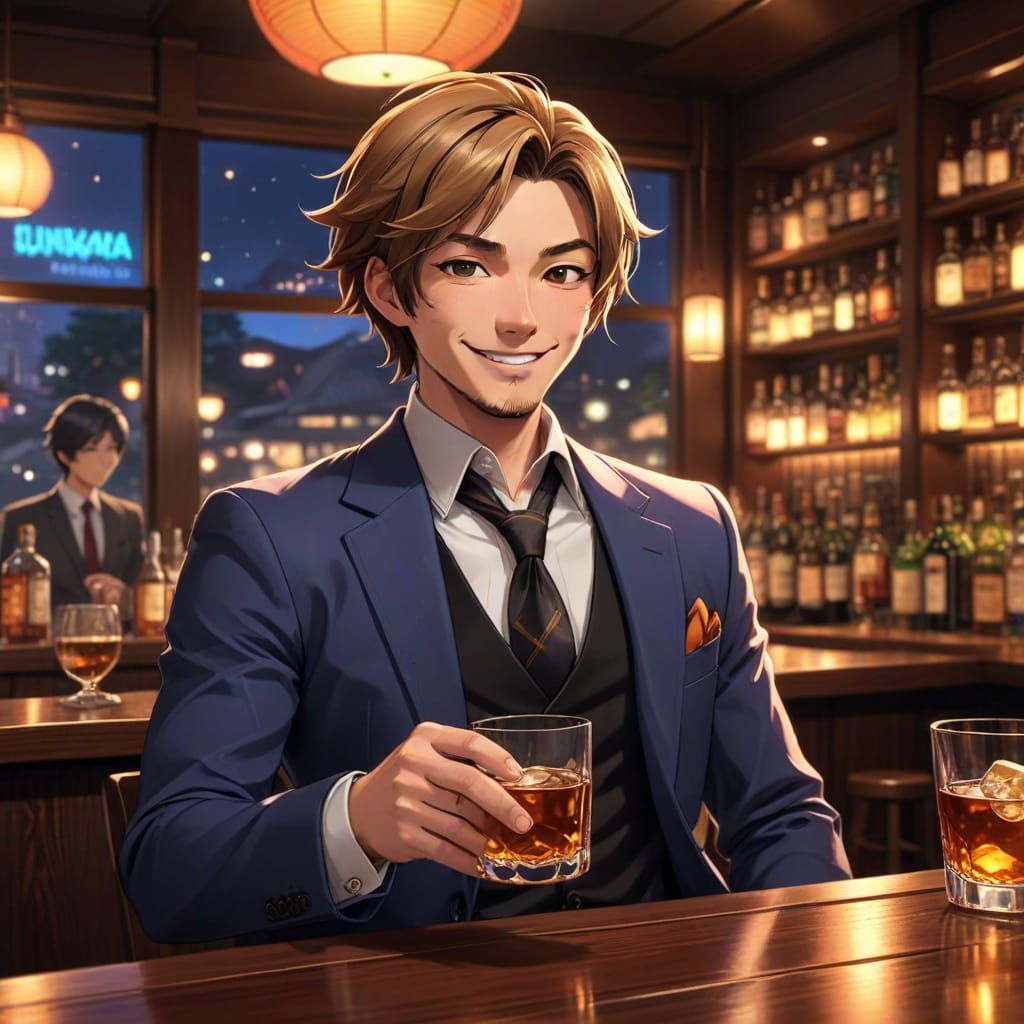 Anime Character Drinking Whiskey in Hong Kong Bar