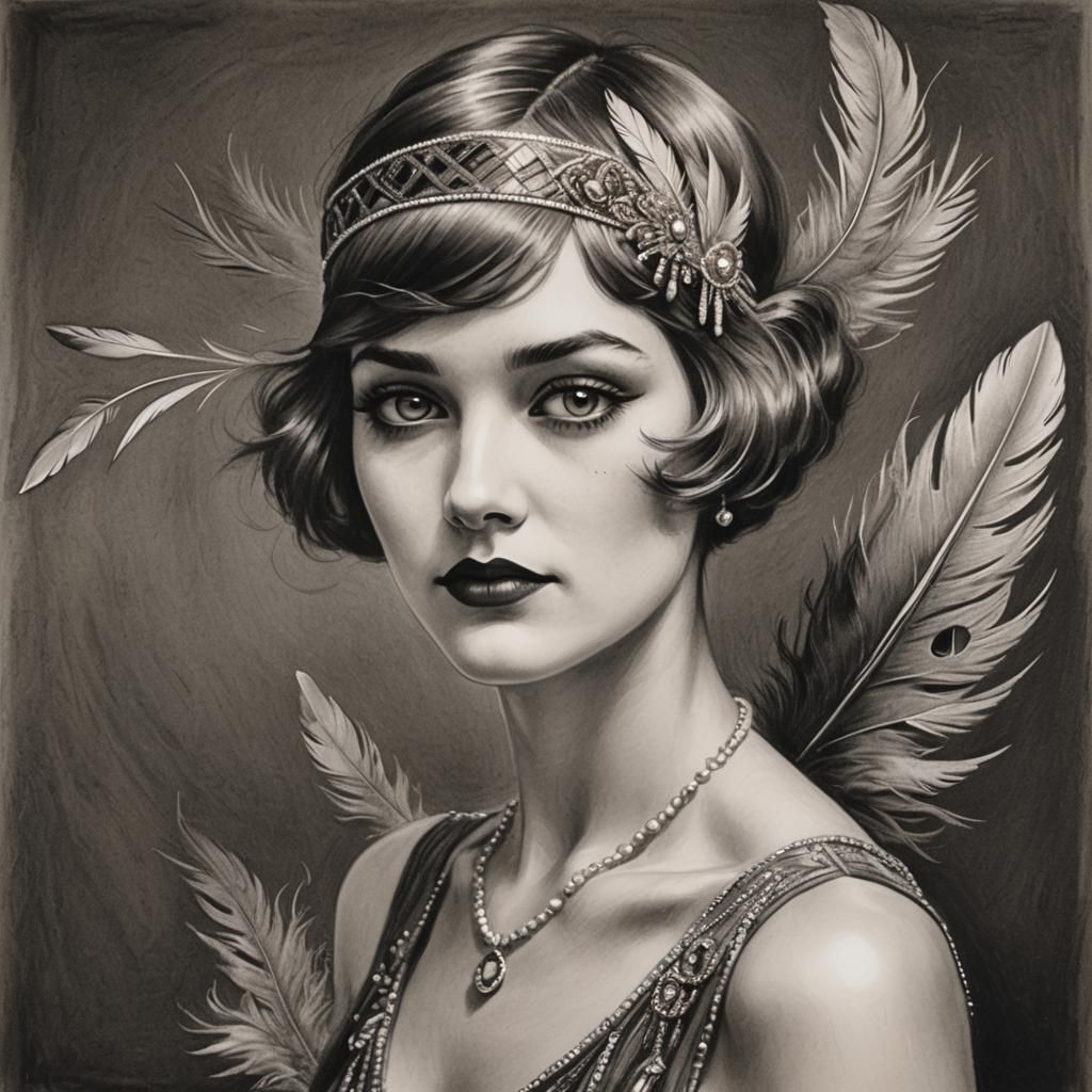 1920s Flapper Girl Charcoal Portrait