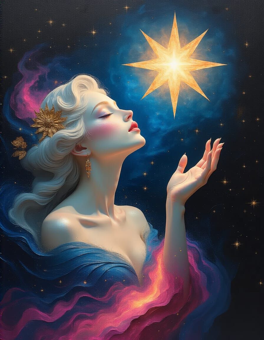 Celestial Goddess Merging with Cosmic Void as Impasto Painti...