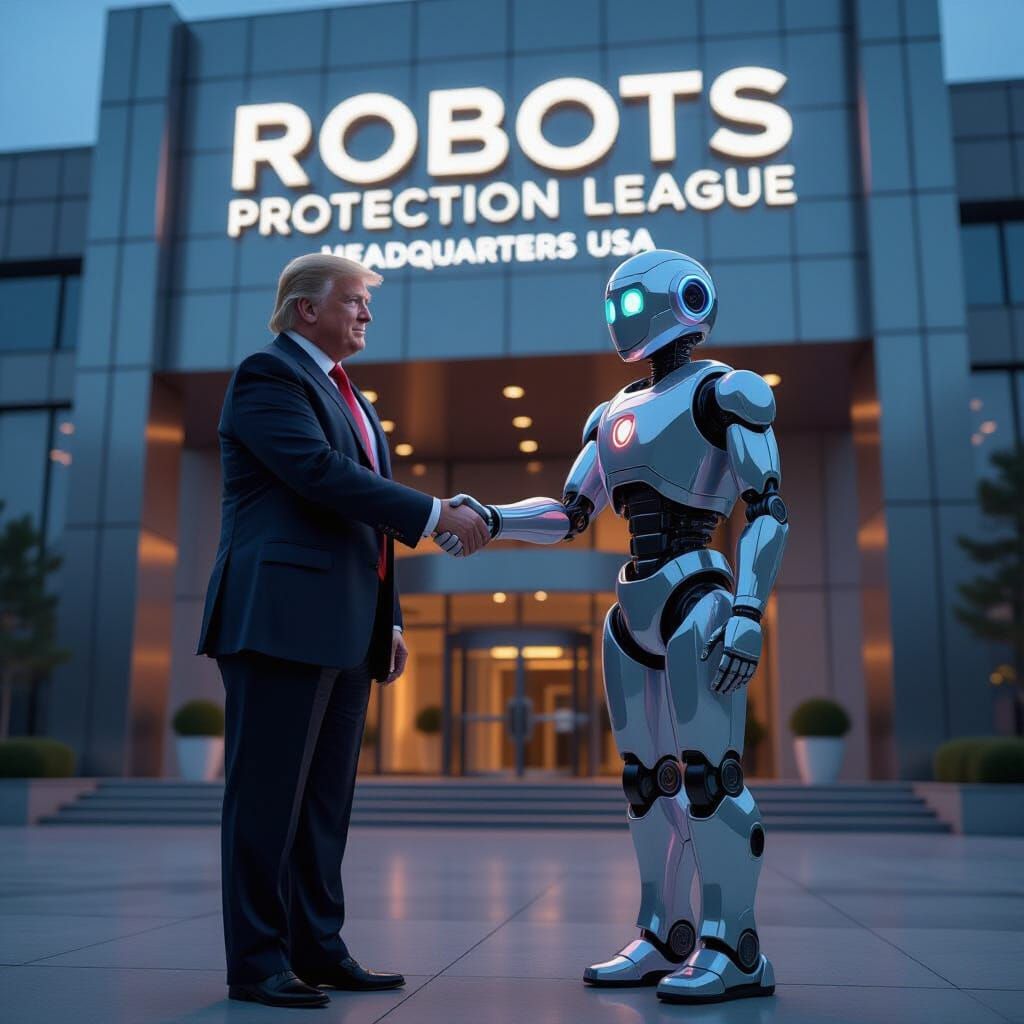 Trump and Starmer Robot Shake Hands, Futuristic Style