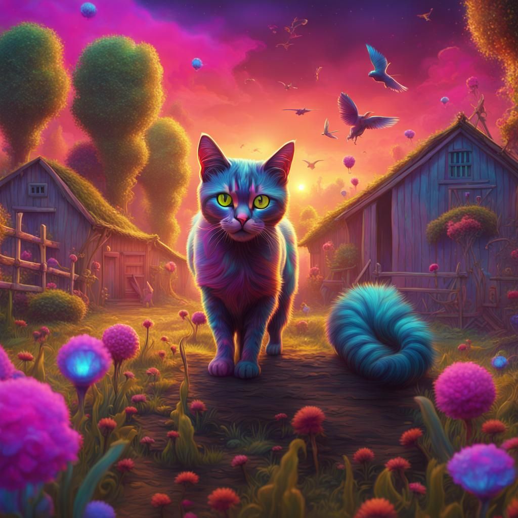 Psychedelic Cat in Detailed Matte Painting on Farm