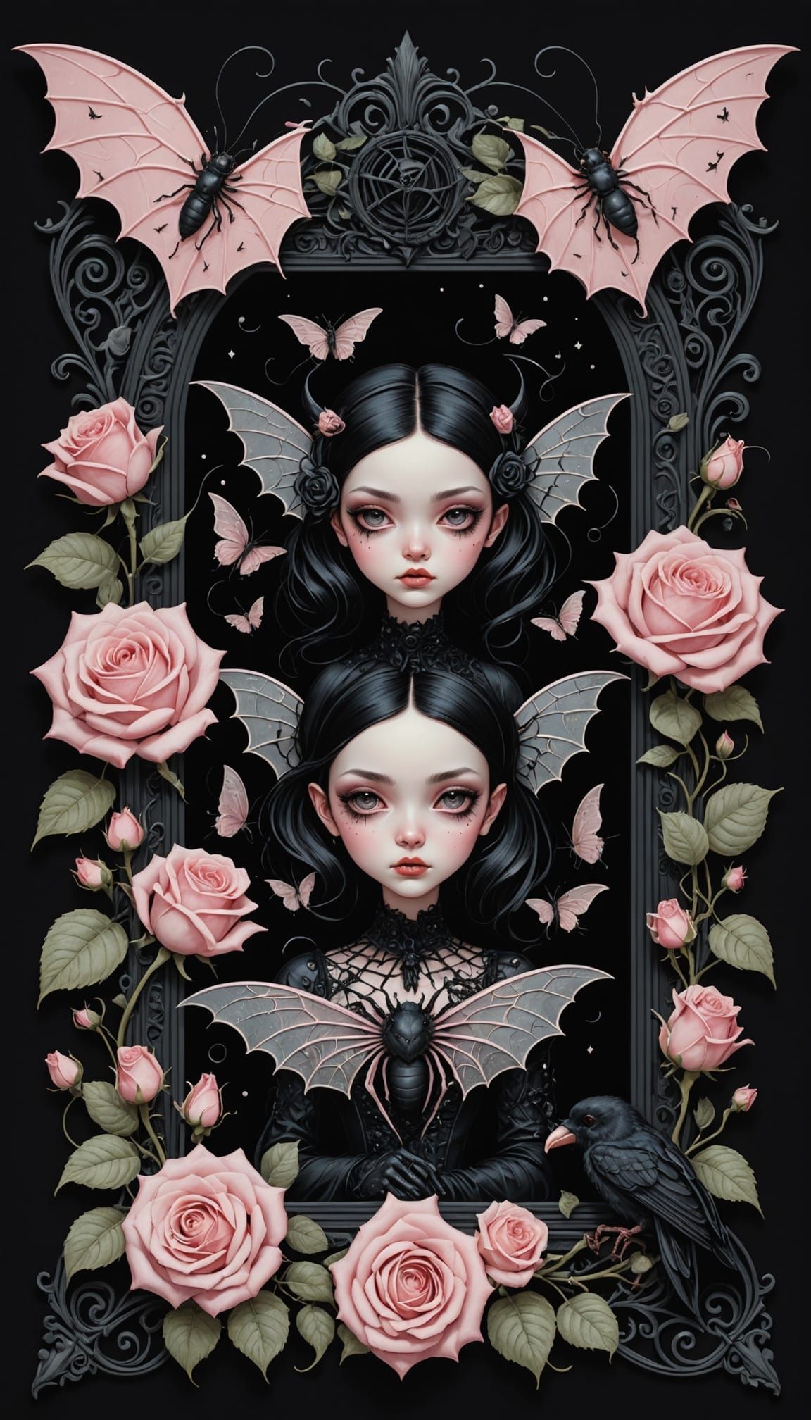 Black Frame with Roses, Spiders and Bats in Pop Surrealism