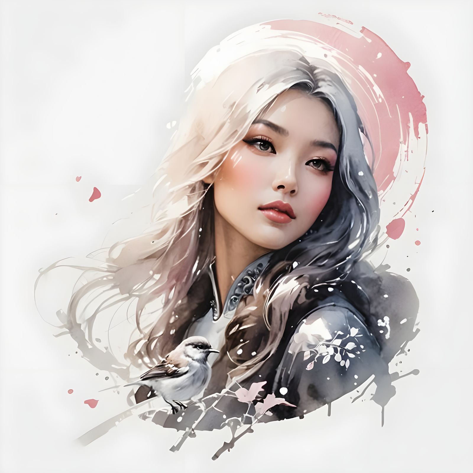 Futuristic Woman with Bird in Sumi-e Style