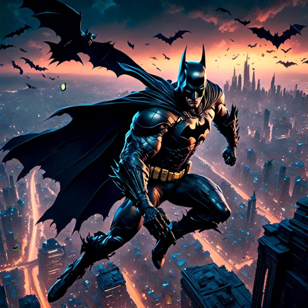 Cyberpunk Batman Soaring Over City at Night