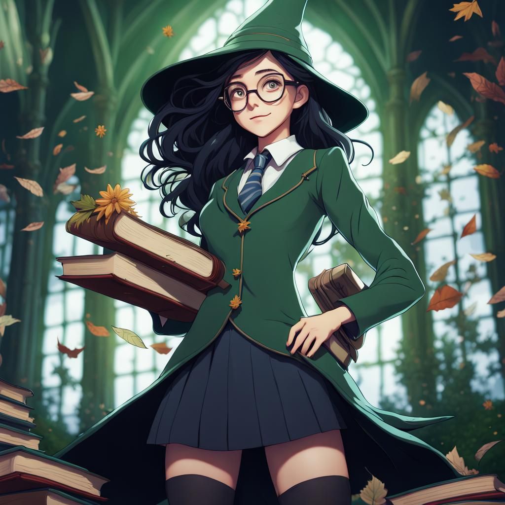 Girl on Book in Botanical Library, Anime Style