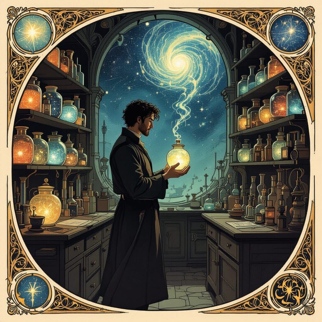 Alchemist's Workshop with Glowing Jars in Art Nouveau Style