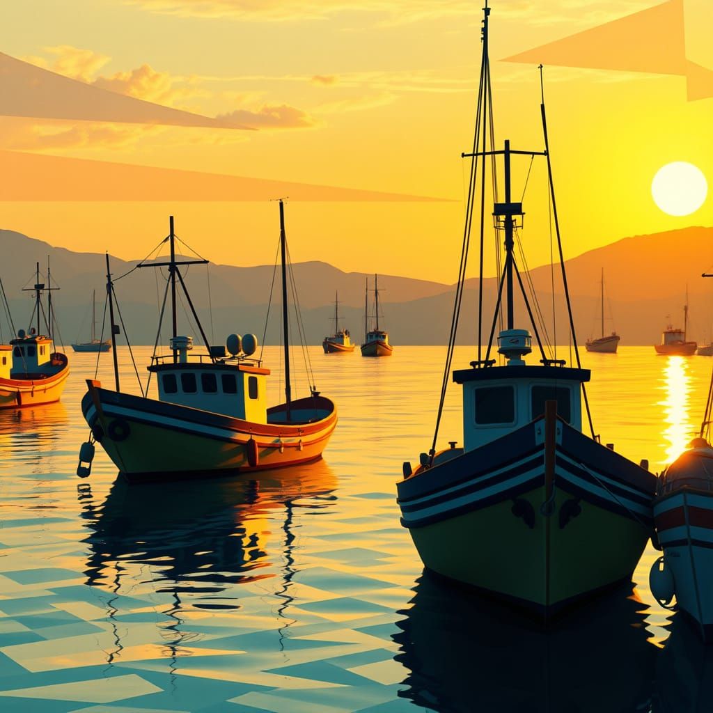 Geometric Fishing Boats at Sunrise in Art Deco Style