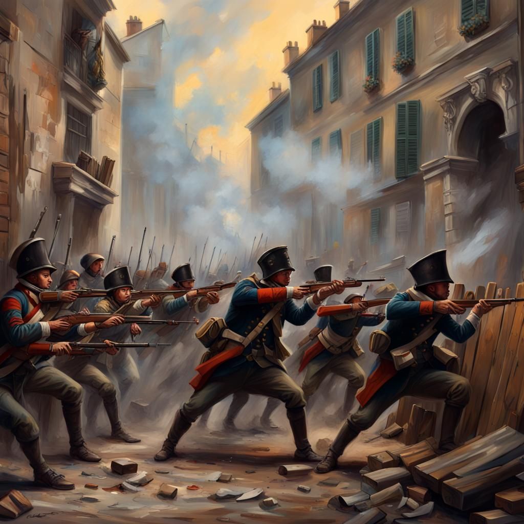 Napoleonic Infantry Defending Barricade, Oil Painting