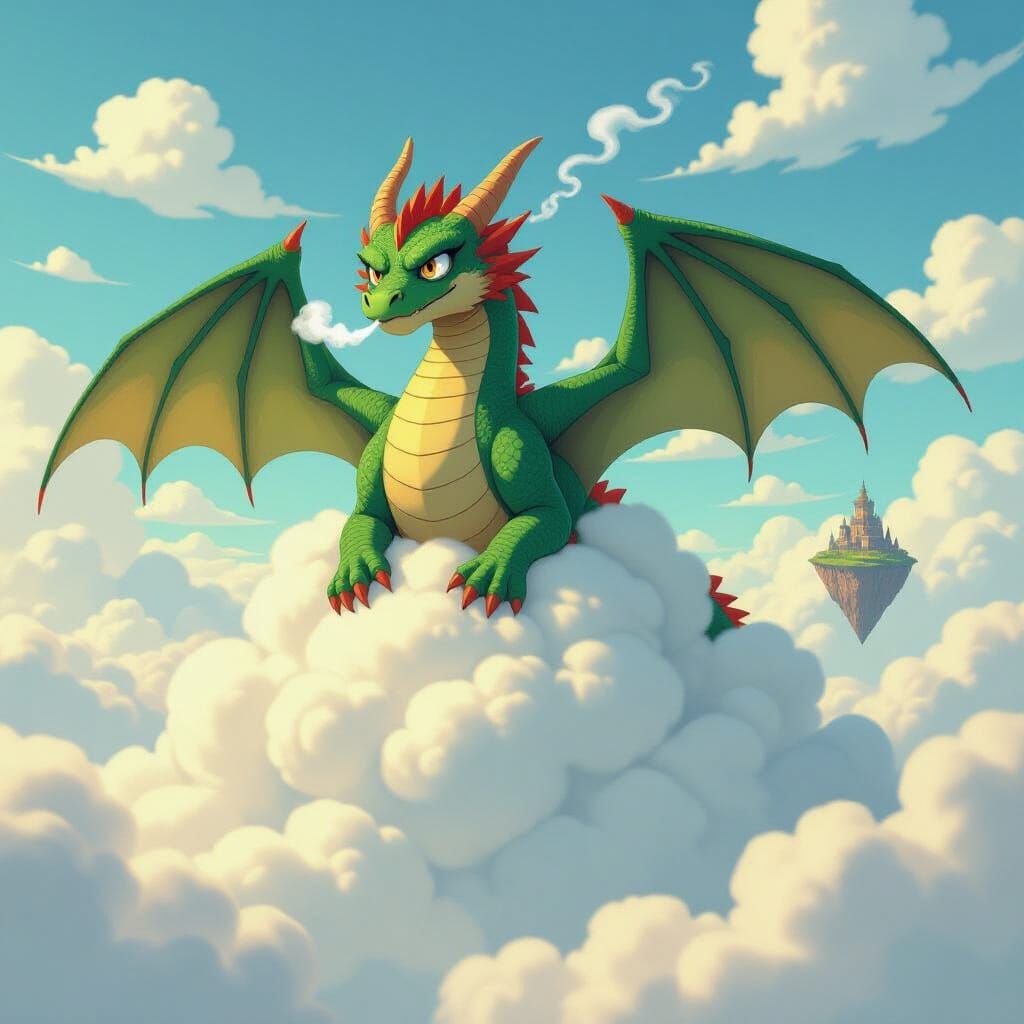 Frustrated Dragon Tangled in Cloud, Ghibli Style