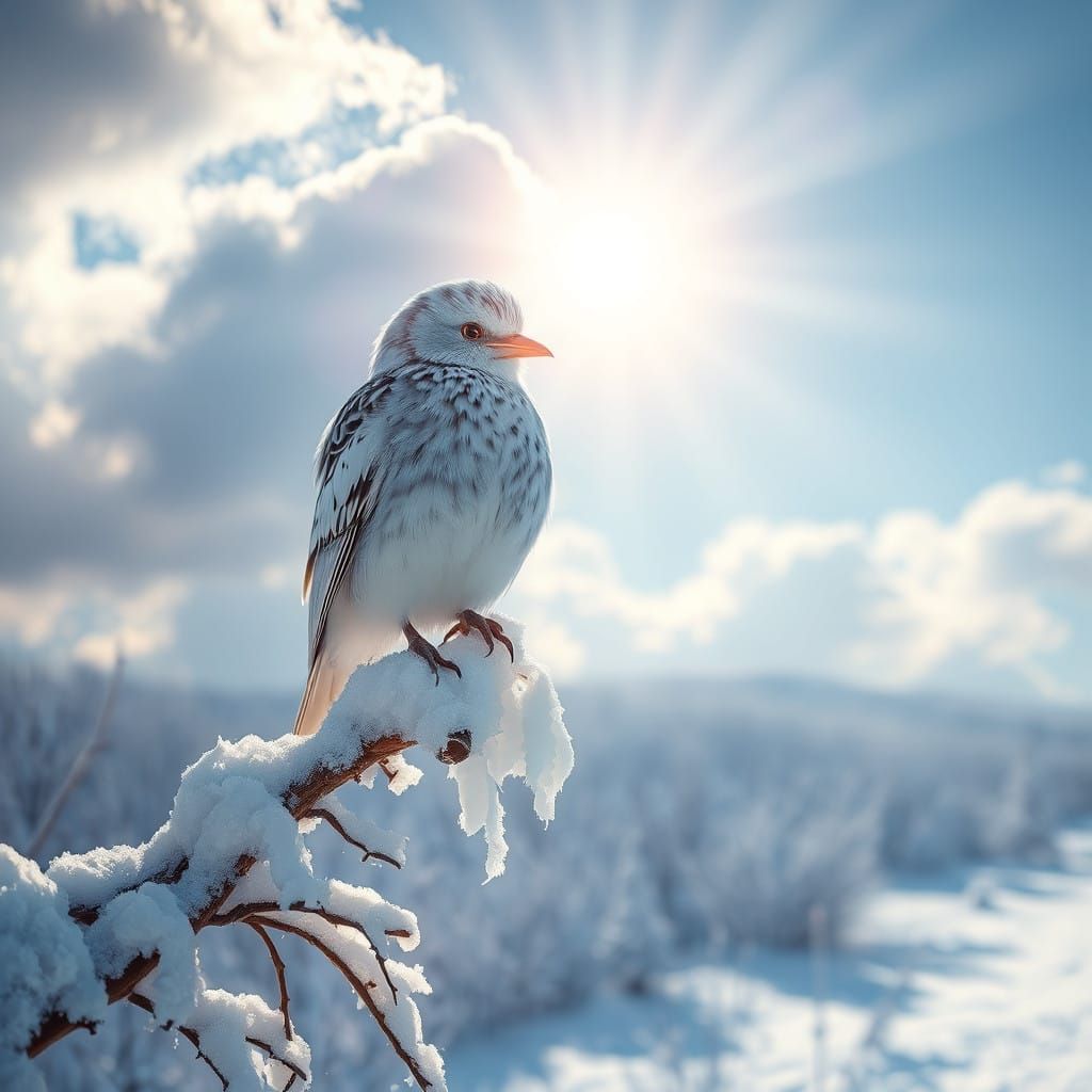 Winter Bird Perched on Snowy Branch in Ethereal Light