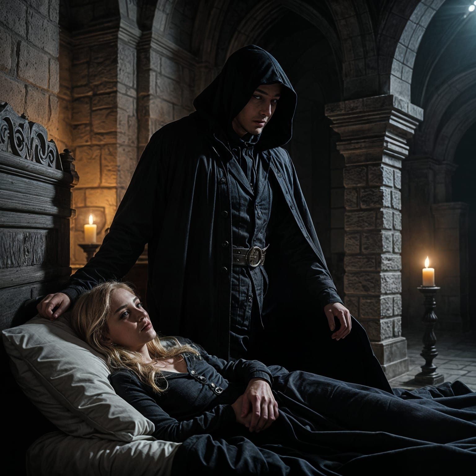 Dark Giant Embracing a Blonde Woman in Castle