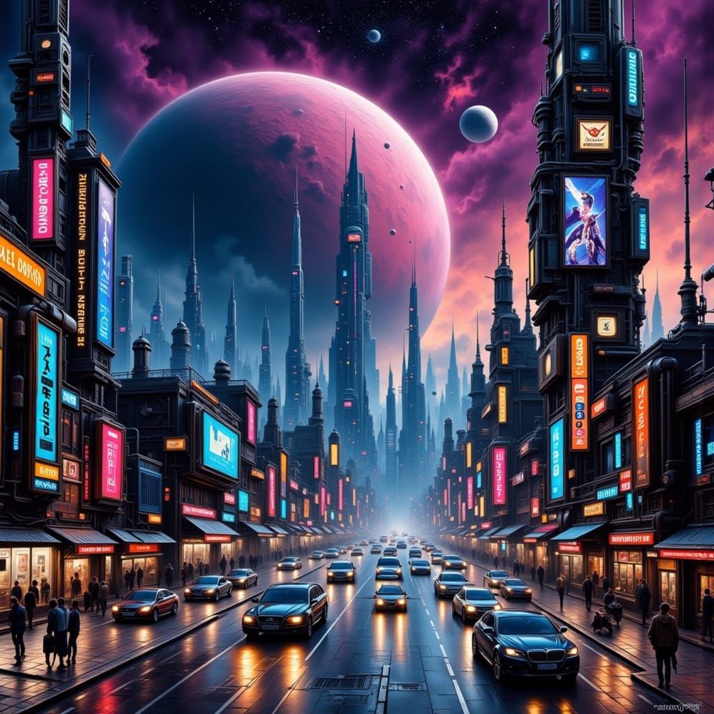 Surreal Cyberpunk Metropolis at Dusk