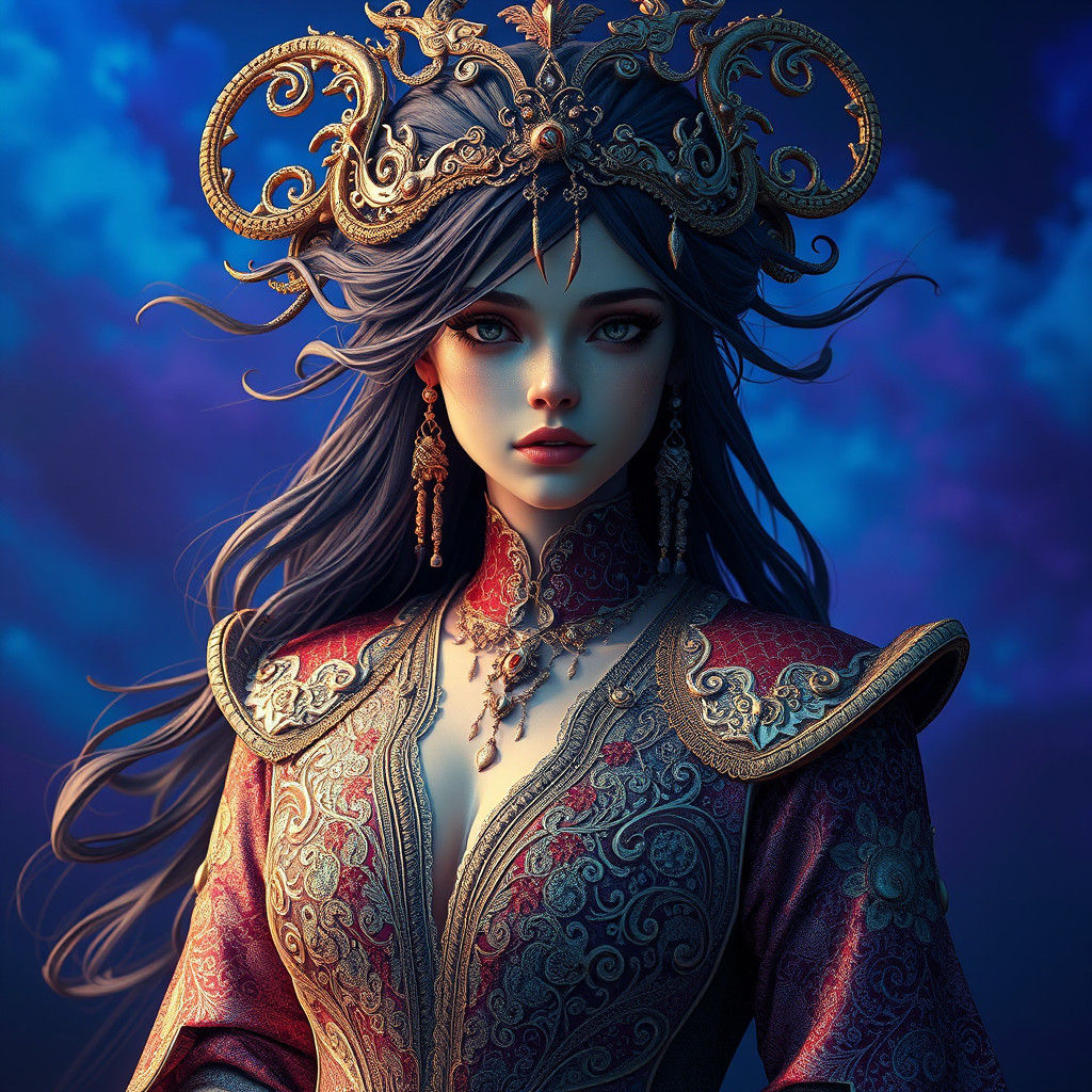 Mystical Beauty in Ornate Garment: Digital Art