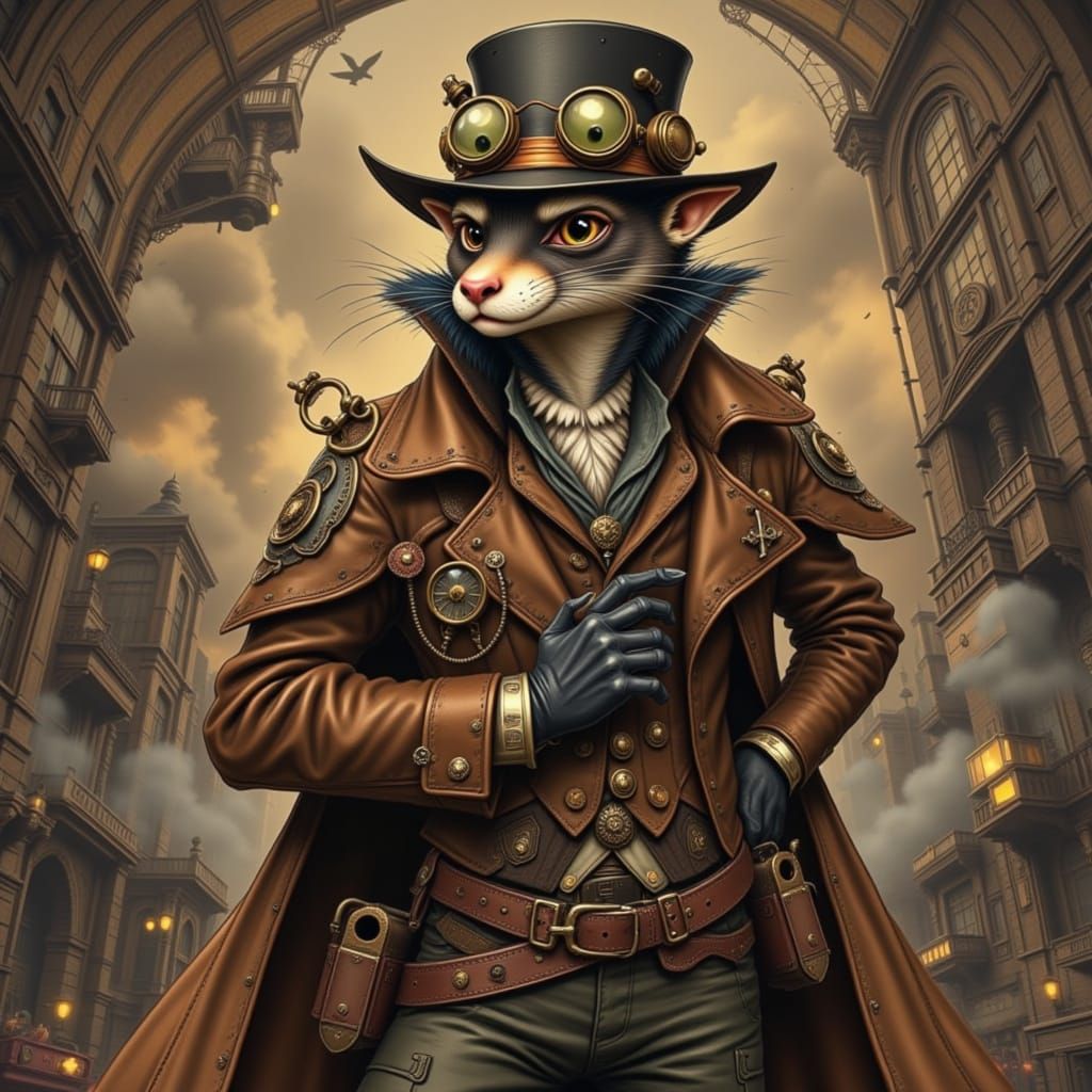 Steampunk Ferret Detective in Whimsical Style